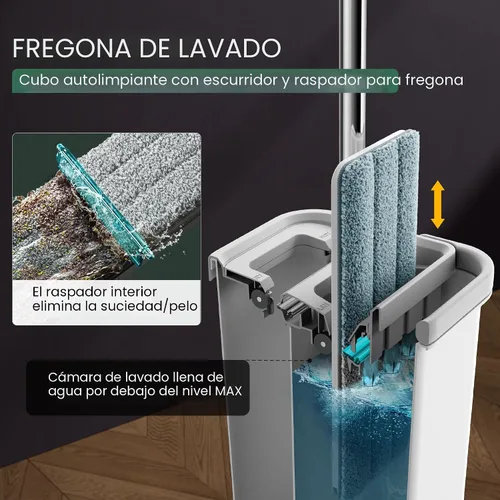 Miniatura 2 de JOYMOOP Juego de mopa y cubo con escurridor, mopa y cubo de piso plano sin manos, mopa de 60" con 3 almohadillas de microfibra reutilizables, uso