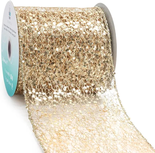 Miniatura 27 de Cinta con alambre de malla brillante con purpurina de 6 x 10 yardas, color negro para decoración del hogar, lazo para envolver regalos