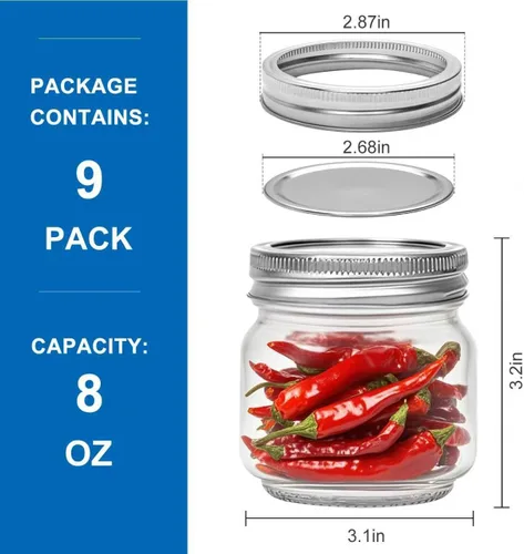 Miniatura 2 de Maredash Paquete de 9 tarros Mason de 8 onzas, recipientes pequeños de vidrio con tapas, tarros de conserva, el juego incluye 8 cucharas de madera