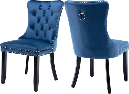 Miniatura 18 de Juego de 2 sillas de comedor de terciopelo, silla de comedor tapizada de alta gama con tirador de anillo en la espalda, adorno de clavos y patas