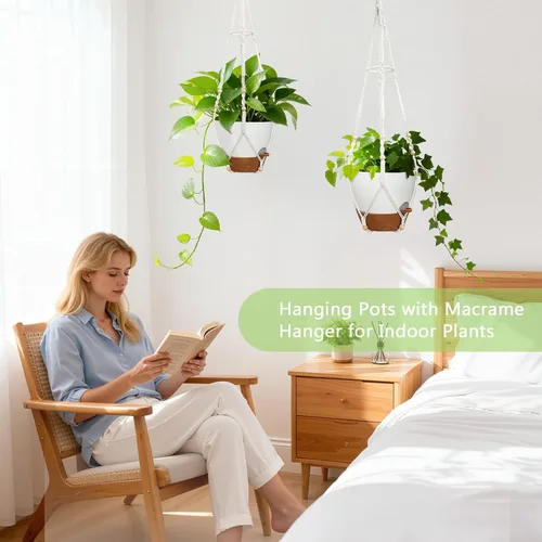 Miniatura 2 de Macetas colgantes para plantas de interior: paquete de 2 perchas de macramé con luces de cultivo y macetas de riego automático, macetas colgantes