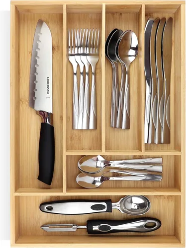 Miniatura 14 de Pristine Bamboo bandeja organizadora de cubiertos – Utensilios de mesa, cubiertos, soporte de cubiertos para cajón – Organizador de cajón de madera