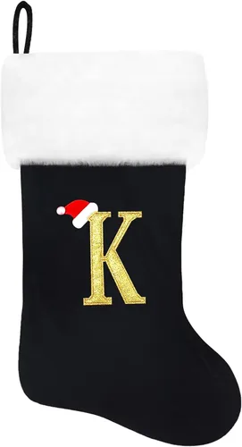 Miniatura 71 de Calcetines de Navidad bordados de 20 pulgadas con monograma, terciopelo negro con puño de felpa blanca supersuave, adornos clásicos para decoración