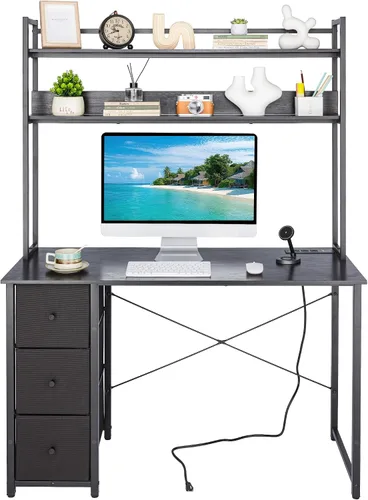 Miniatura 10 de Aquzee Escritorio para computadora con cajones, escritorio de 40 pulgadas con gabinete, escritorio para computadora con almacenamiento, tomas