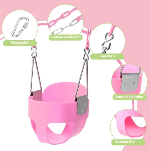 Miniatura 2 de Take Me Away - Asiento de columpio rosa con respaldo alto y cubo completo para bebés, cadena resistente con revestimiento de plástico para columpios