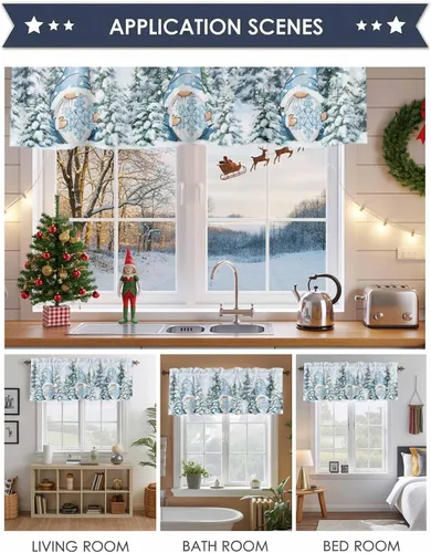 Miniatura 4 de Cenefas de gnomo de invierno para cocina, cafetería, cenefa de ventana de pino nevado de Navidad, cortinas cortas de copo de nieve azul, 60 x 18