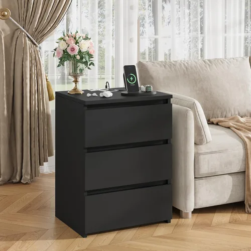 Miniatura 4 de FOTOSOK Mesita de noche negra, mesita de noche de 26" de altura con estación de carga, mesita de noche negra con puertos USB y tomas de corriente