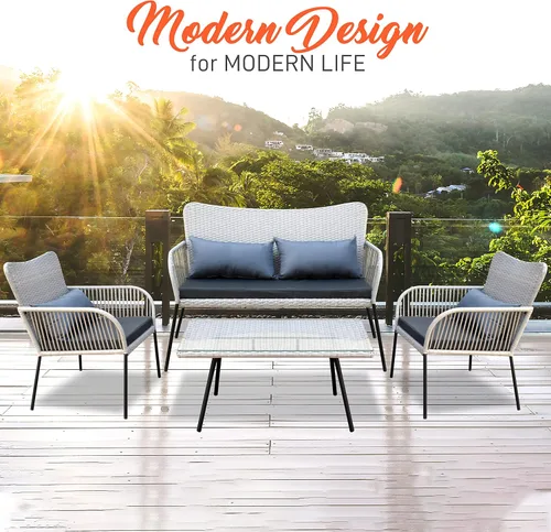 Miniatura 6 de SereneLife Muebles de ratán para exteriores, incluye 1 doble y 2 sillas individuales con cojín y 1 mesa de centro con tapa de cristal, juego