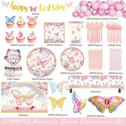 Miniatura 2 de Hombae Decoraciones de cumpleaños de mariposas, decoraciones de fiesta de mariposa rosa, suministros de cumpleaños de flores, juego de vajilla