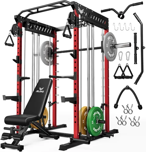 Miniatura 21 de JELENS M21 - Máquina Smith, jaula de potencia multifunción con sistema de cruce de cable de polea doble, banco de sentadillas todo en uno de 907 kg