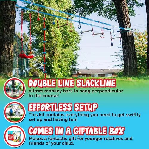 Miniatura 9 de Double Ninja Slackline - Carrera de obstáculos para niños, línea de 110 pies, equipo de juegos de barras de mono, carrera de obstáculos Ninja