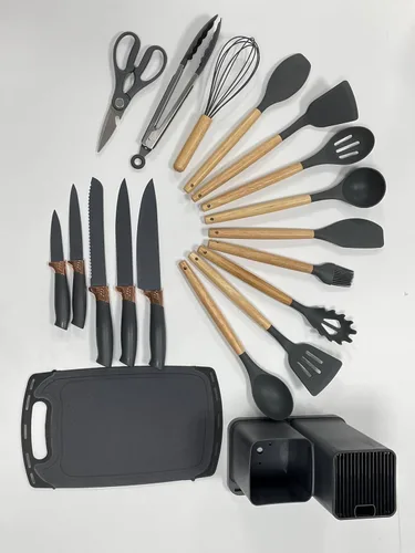 Miniatura 3 de Juego de utensilios de cocina y cuchillos con bloque, juego de cocina todo en uno de 19 piezas, 12 utensilios de silicona antiadherentes + 5 Negro