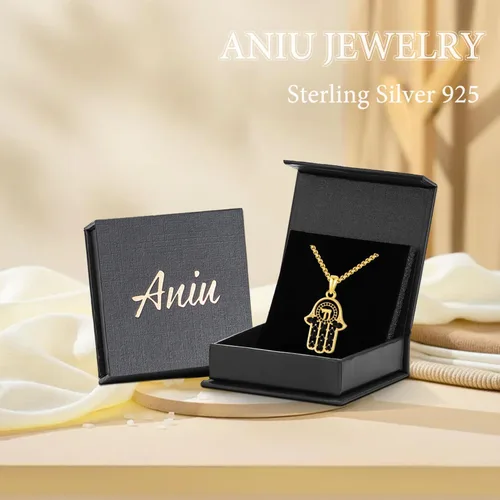 Miniatura 93 de Aniu Joyería de plata de ley 925 Hamsa de Fátima para mujer con circonita cúbica, viene con caja de regalo negra