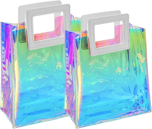 Bolsas de regalo pequeñas holográficas, paquete de 2 unidades de 7.9 x 7.1 x 3.9 pulgadas con asas para mujeres, niñas, cumpleaños, Navidad, fiestas