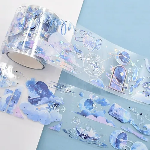 Cinta washi de PET de diseño vintage de mariposa y universo estrellado con efecto láser/luz de concha para decoración de bricolaje (90471)