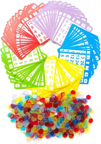 YH Poker Yuanhe - Juego de tarjetas de bingo – Incluye 100 tarjetas de bingo y 1000 fichas de bingo transparentes coloridas, ideal para juegos de