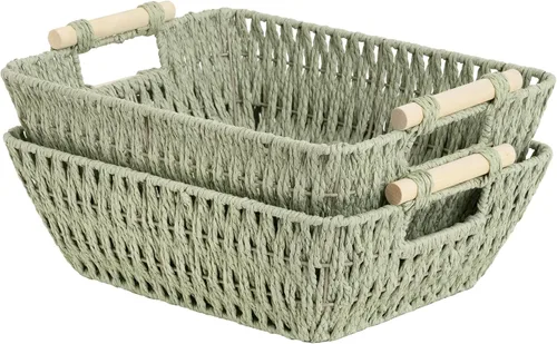 Miniatura 16 de StorageWorks Cestas de almacenamiento grandes tejidas a mano con asas de madera, cestas de mimbre de hierba marina para organizar, paquete de 2