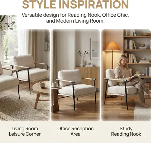 Miniatura 6 de DUOMAY Silla decorativa moderna de chenilla, tapizada, color beige, con patas de metal, cómoda y ligera, para sala de estar, sillón para lectura