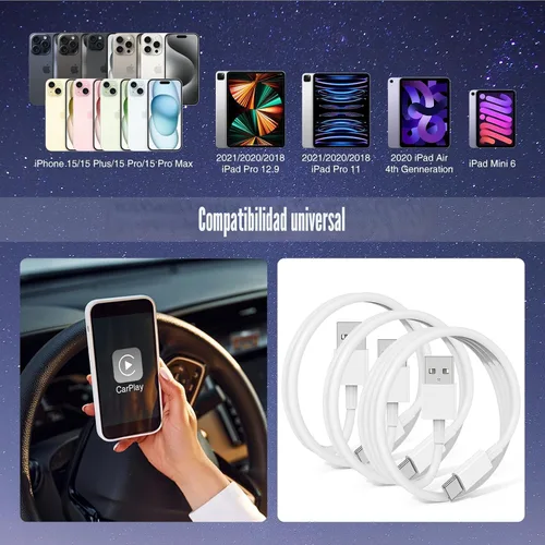 Miniatura 5 de Cable Carplay de coche para iPhone 17 16 15 Pro Plus Pro Max Air, paquete de 3 [3.3 pies + 3.3 pies + 6 pies] USB A a USB C cable para iPhone 17 16