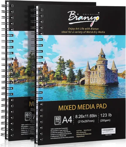 Bianyo Cuaderno de bocetos de papel mixto, tamaño A4 (8.26 x 11.69 pulgadas), 60 hojas/cada una, 123 libras/200 GSM, paquete de 2 blocs, bloc