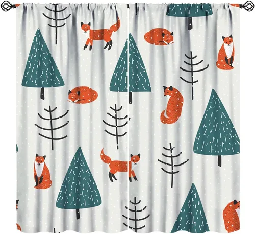Miniatura 16 de Cortinas opacas de dibujos animados de animales de bosque naranja, zorro, flores, luna, hojas azules, arte abstracto, niños y niñas, decoración