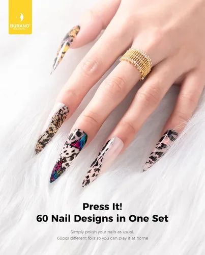 Miniatura 3 de BURANO Gel de pegamento para arte de uñas, 0.5 onzas líquidas, 2 botellas con 60 calcomanías de láminas, diseño de uñas, arte de transferencia