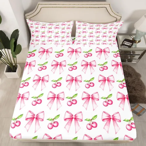 Miniatura 14 de Sábana bajera con lazo azul tamaño individual, juego de ropa de cama de princesa con cerezas, estrellas y flores margaritas de dibujos animados