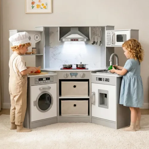 Miniatura 11 de INFANS Cocina de Juguete para Niños, Conjunto de Juego de Refrigerador Nevera de 2 Piezas Combinación con Tabla de Pared del Alfabeto Interactivo