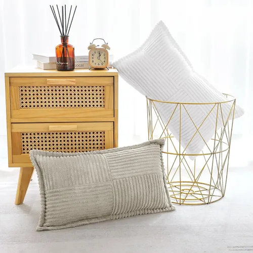 Miniatura 7 de OTOSTAR Fundas de almohada a rayas de corduroy con empalme, fundas de almohada boho súper suaves, fundas de almohada decorativas de textura en Gris
