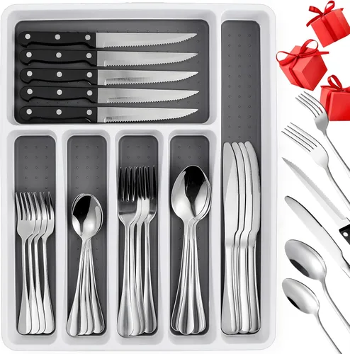 Miniatura 9 de Juego de cubiertos con cuchillos para carne, cubiertos de acero inoxidable para 4, cucharas, tenedores y cuchillos, juegos de utensilios con acabado