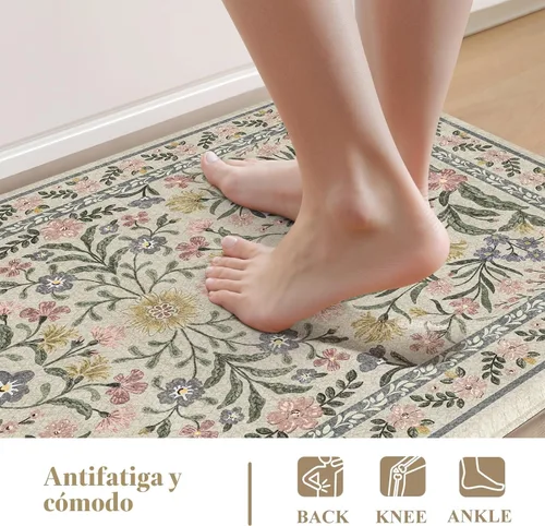 Miniatura 3 de Collive Tapete Anti Fatiga para Piso de Cocina, Tapetes de Cocina con Diseño Floral Primaveral para Piso Juego de 2, Alfombras para Fregadero Beige
