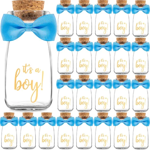 Ethisa Paquete de 24 botellas de vidrio de leche vintage con cintas y calcomanías, regalos elegantes de baby shower para invitados y centros de ¡Es