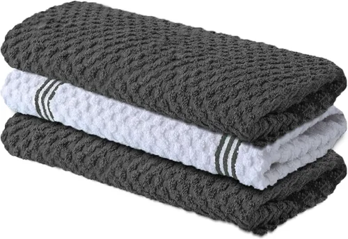 Infinitee Xclusives Toallas de Cocina Premium – Paquete de 3, 100% Algodón |15 x 25| Pulgadas Toallas de Plato Absorbentes - Toallas de Paño de Gris