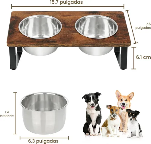 Miniatura 3 de Cuencos elevados para perros pequeños y medianos de madera con 2 cuencos profundos de acero inoxidable para alimentos y agua, antivómitos, platos