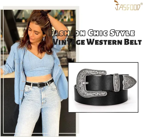 Miniatura 4 de Cinturón de cuero para mujer, diseño clásico occidental, cinturón negro para pantalones de mezclilla.