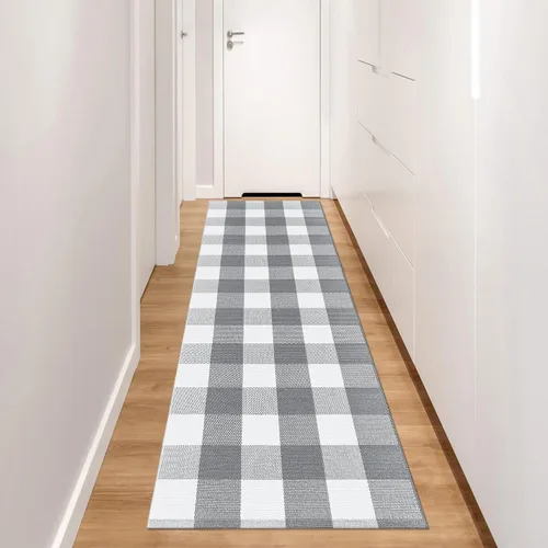 Miniatura 30 de Alfombra de Exterior de Cuadros Buffalo 2x3 pies, Alfombra Tejida de Algodón Negro y Blanco Roto, Tapetes para Puerta de Porche Frontal, Alfombra