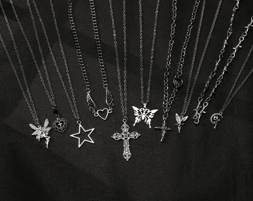 Miniatura 3 de Juego de 10 piezas de collar Y2k para mujer, accesorios góticos grunge, collares de joyería, cruz gótica, espinas de hadas, ángel gótico, corazón