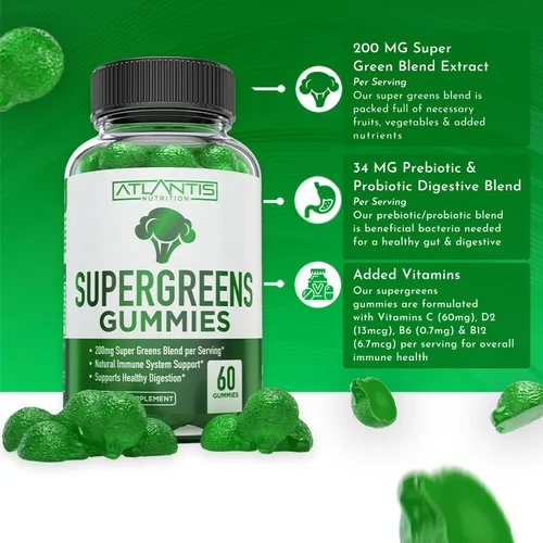 Miniatura 3 de Atlantis Nutrition Supergreens Gomitas - Suplemento diario de superalimentos verdes con espinacas, brócoli, moringa, remolacha, apio, té verde