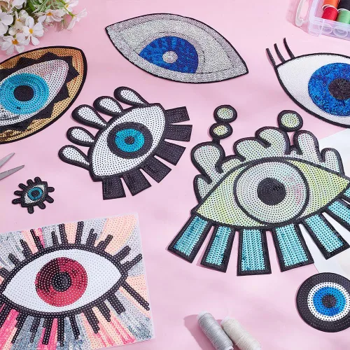 Miniatura 5 de INFUNLY 8 estilos de parches de lentejuelas de mal de ojo, apliques para planchar con purpurina bordada, parches de reparación de ojos bohemios