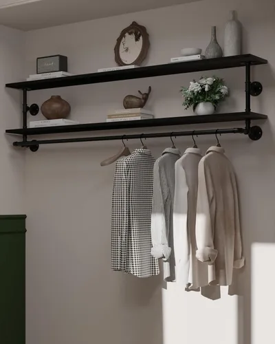 Miniatura 10 de Perchero negro de 36 pulgadas, perchero montado en la pared con estante de madera real negra, perchero colgante resistente, barra para colgar