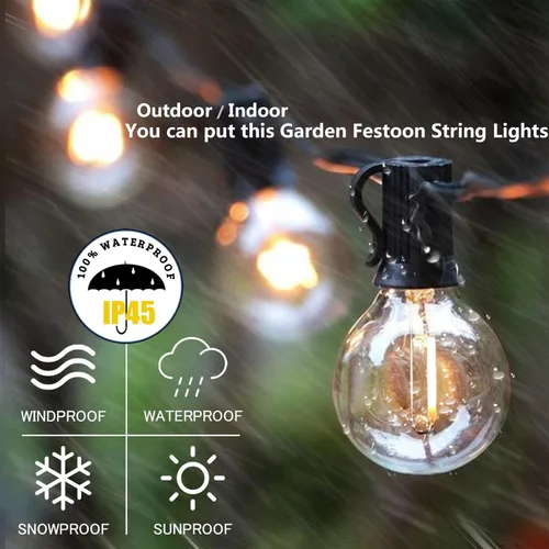 Miniatura 3 de Cadena de luces LED G40 de 50 pies para exteriores, luces de patio, conectables, impermeables, 27 bombillas inastillables (2 extra), 25 luces Negro