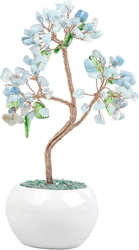 Rockcloud Árbol de dinero de cristal curativo de aguamarina de 6.5 pulgadas, bonsái Fengshui con base de cerámica para buena suerte, riqueza,