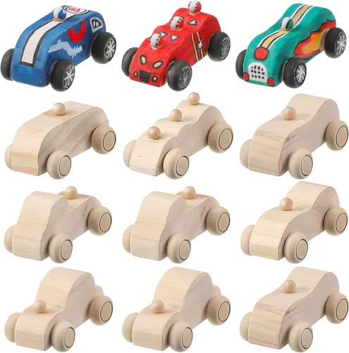 Sumind 12 piezas de madera DIY coche juguetes de madera sin terminar coches de carreras pintables juguetes de madera DIY manualidades kit para