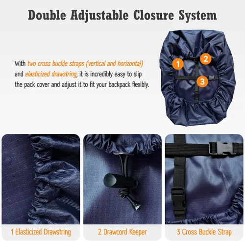 Miniatura 4 de Cubierta impermeable para mochila de lluvia (15-90L), cubierta de nylon resistente con sistema de cierre doble ajustable actualizado y bolsa de Azul
