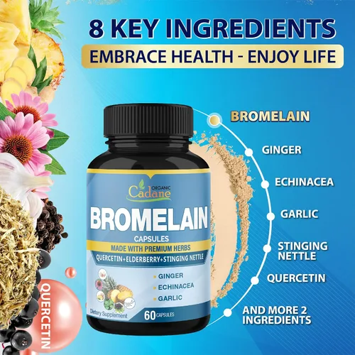 Miniatura 5 de Organic Cadane 2 paquetes de 60 cápsulas de suplemento de bromelina, con quercetina, saúco, jengibre, equinácea, ajo, pimienta negra, suministro
