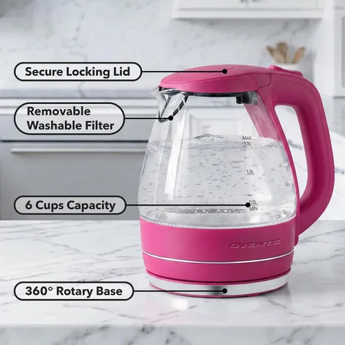 Miniatura 2 de OVENTE Hervidor Eléctrico, 1.5L de Vidrio de Borosilicato para Encimera, Calentador y Hervidor de Agua para Café o Té, Libre de BPA, Apagado Rosa