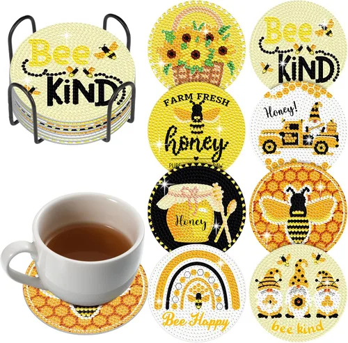 Shellwei Juego de 8 posavasos de pintura de diamantes de abeja de verano, arte de diamantes de abeja de miel con soporte, posavasos de pintura de