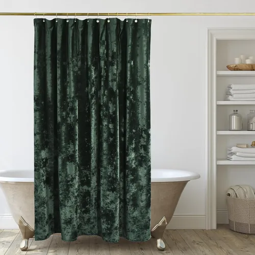 Miniatura 5 de TAMGHO Cortina de ducha de terciopelo triturado, cortina de ducha de lujo verde oscuro con ganchos de metal dorado Decro, lavable a máquina, cortina