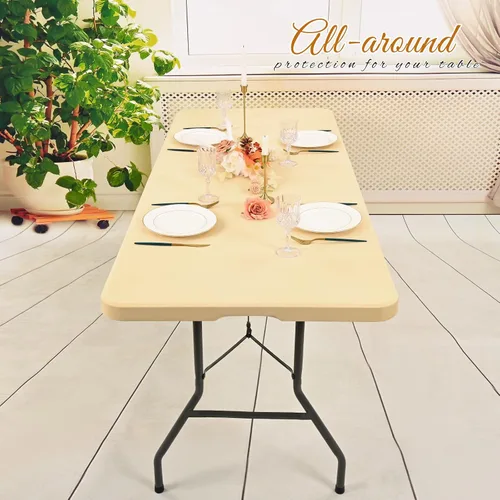 Miniatura 6 de Paquete de 6 fundas de tela elástica para mesa, color beige, para mesas de 8 pies, protector de mantel rectangular universal lavable y elástico