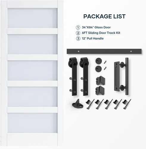 Miniatura 7 de EaseLife puerta de granero de vidrio de 28 x 84 pulgadas con kit de herrajes deslizantes de 5 pies incluido y manija, madera maciza cubierta